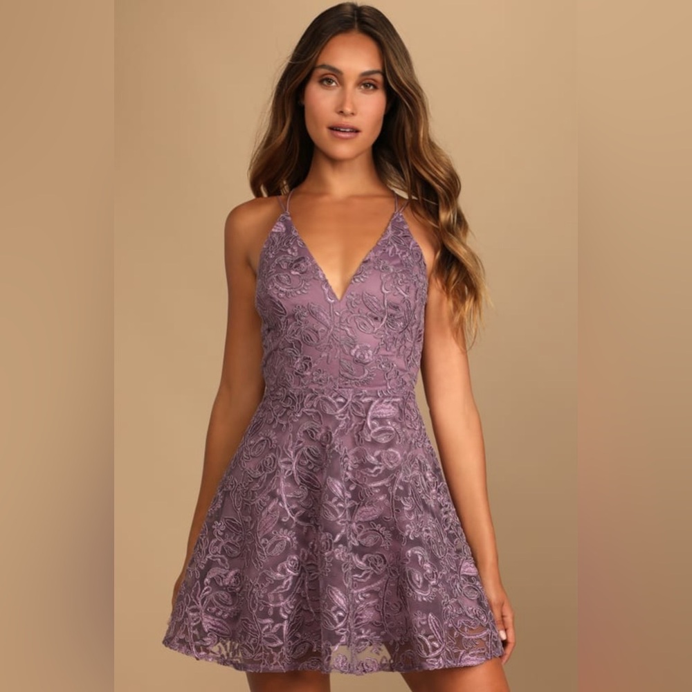 Lulus NWT Just Us Tonight Purple Embroidered Strappy Skater Dress